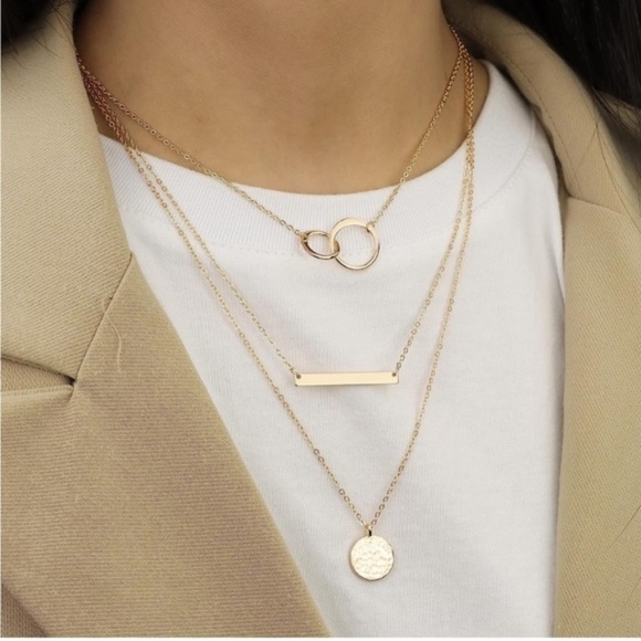 Gold 14k Gold Plated 3pc Bar & Linked Chain Disc Necklace Set - Picture 1 of 4